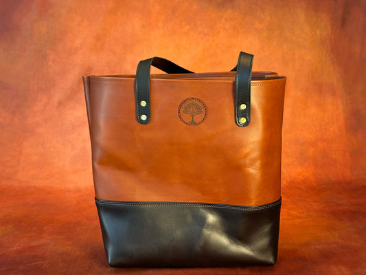 Large Elegant Black and Chestnut Leather Market Tote